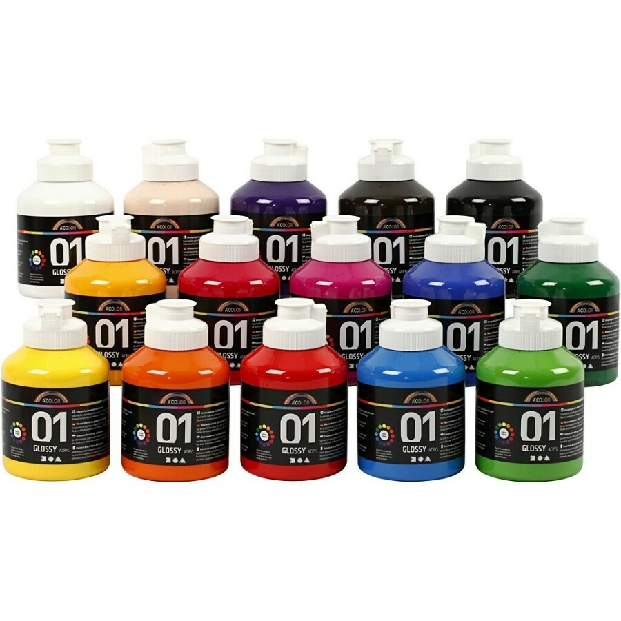 A-Color acrylverf, kleuren assorti, 01 - glossy, 15x500ml