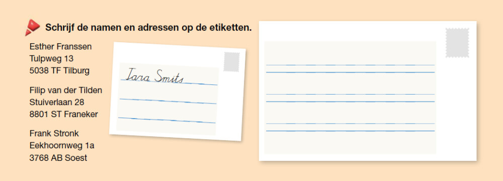 Voorbeeld van functioneel schrijven waarbij leerlingen adresgegevens op een envelop noteren en oefenen met een verzorgd en goed leesbaar handschrift.