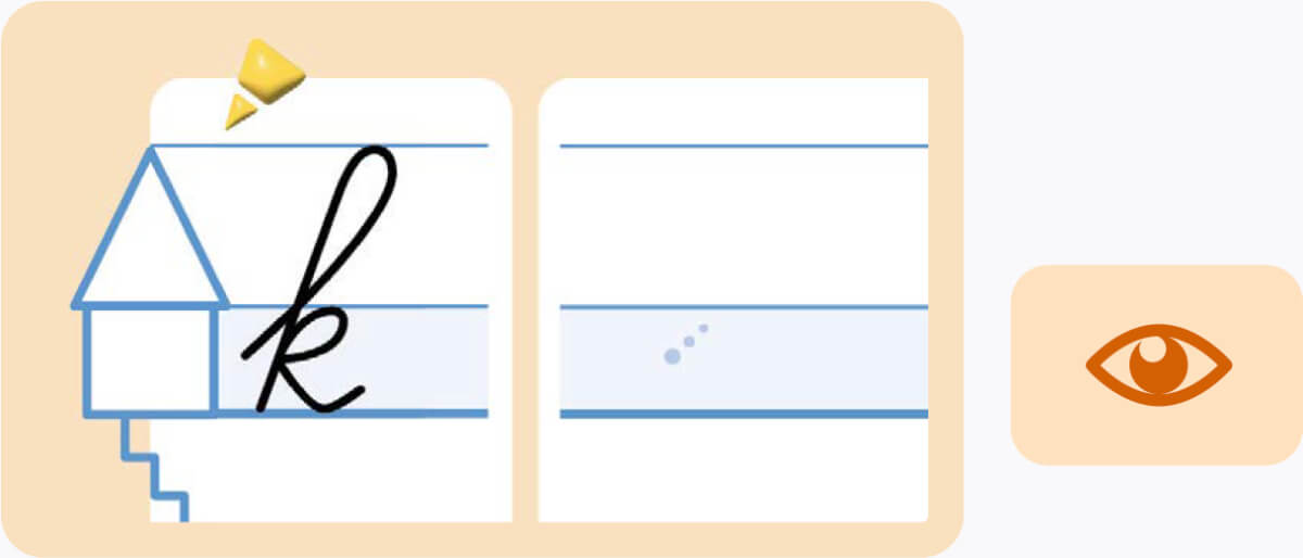 Illustratie van schrijfondersteuning met een huisje als beginpunt, richtingmarkeringen voor lettervorming en een oog-symbool dat leerlingen helpt hun eigen schrijfwerk te beoordelen.