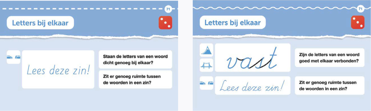 Schrijfvoorbeelden met aandachtspunten voor leesbaarheid, waarmee leerlingen leren hun eigen handschrift te beoordelen en te verbeteren.